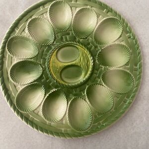 Vintage, Green Basket, Majolica Style Deviled Egg Serving Tray